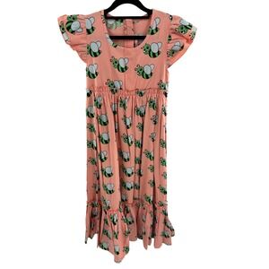NWT HUGO TIKI Peach Bee Print Flutter Sleeve Ruffle Hem Dress Girls 12T